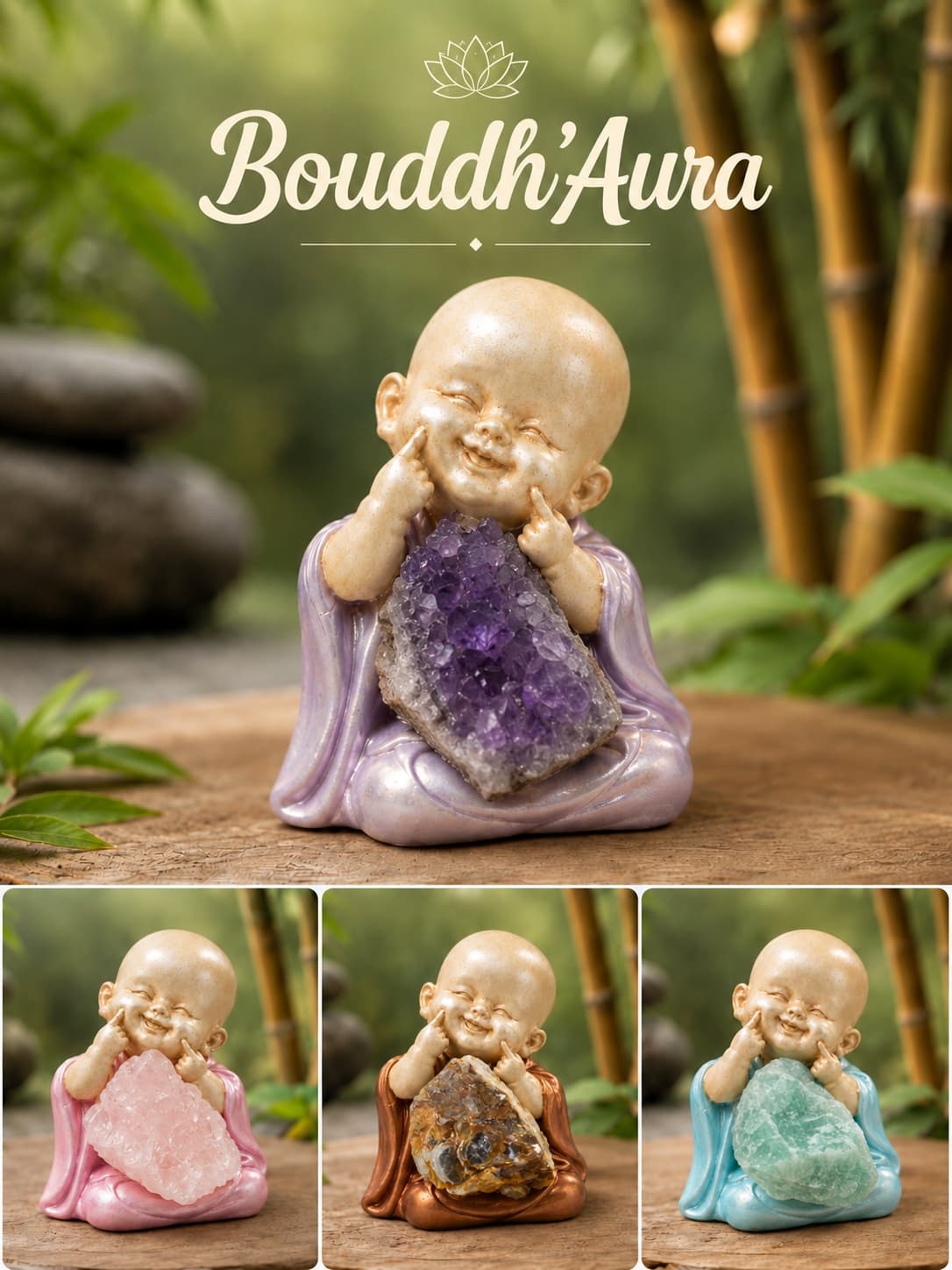 Bouddh'Aura — Bouddha en argile avec pierre précieuse - Photo 1/8