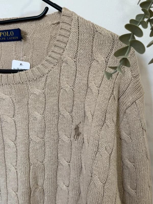Pull torsadé Polo Ralph Lauren beige camel coton taille L - FP260752 - Photo 4/10