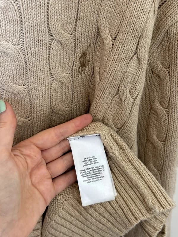 Pull torsadé Polo Ralph Lauren beige camel coton taille L - FP260752 - Photo 7/10