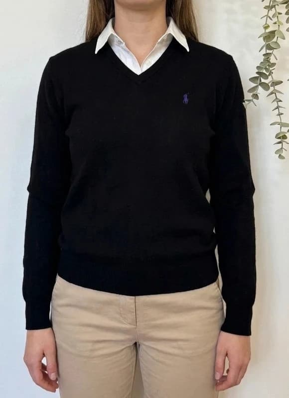 Πουλόβερ με V λαιμόκοψη Polo Ralph Lauren μαύρο μαλλί merino βιολετί λογότυπο μέγεθος M - FP260766 - Φωτογραφία 1/9