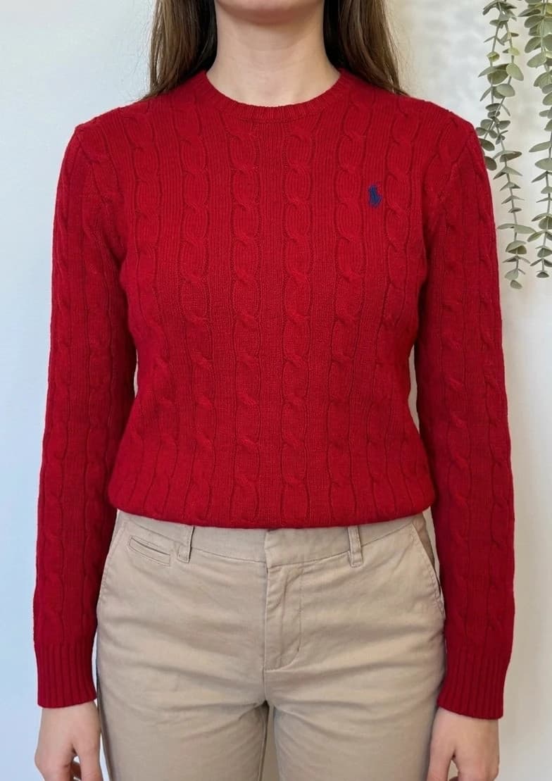 Pull torsadé Polo Ralph Lauren rouge coton logo pony bleu qr code taille XS - FP260755 - Photo 1/10