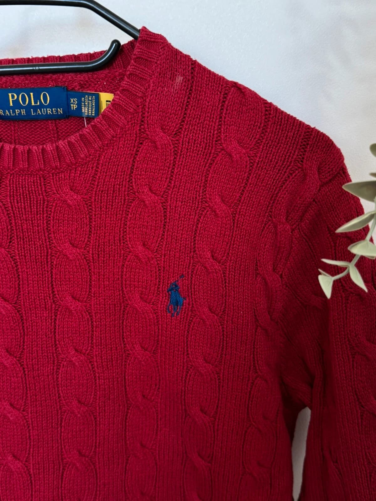 Pull torsadé Polo Ralph Lauren rouge coton logo pony bleu qr code taille XS - FP260755 - Photo 4/10