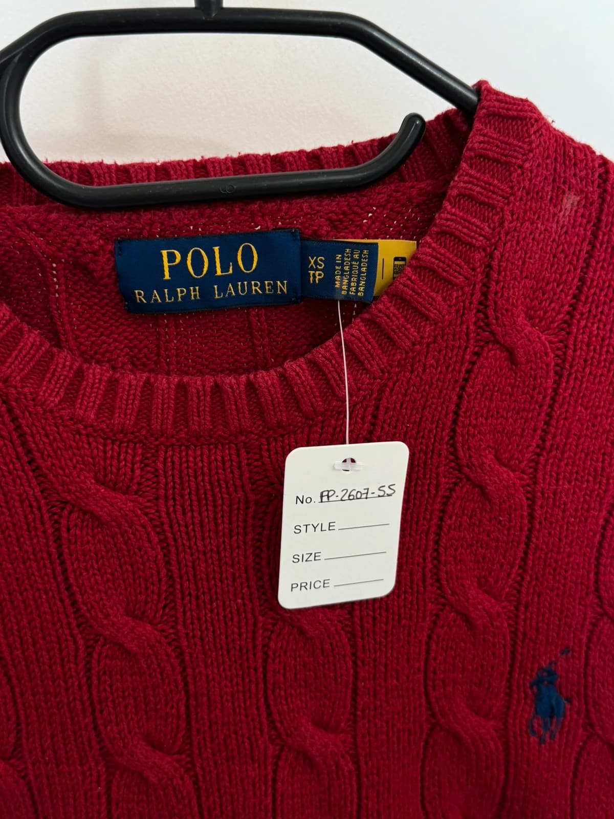 Pull torsadé Polo Ralph Lauren rouge coton logo pony bleu qr code taille XS - FP260755 - Photo 3/10