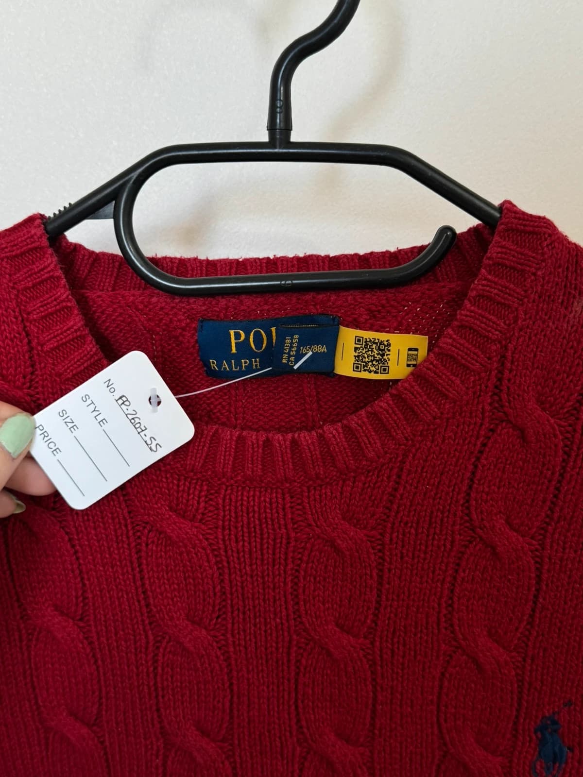 Pull torsadé Polo Ralph Lauren rouge coton logo pony bleu qr code taille XS - FP260755 - Photo 6/10