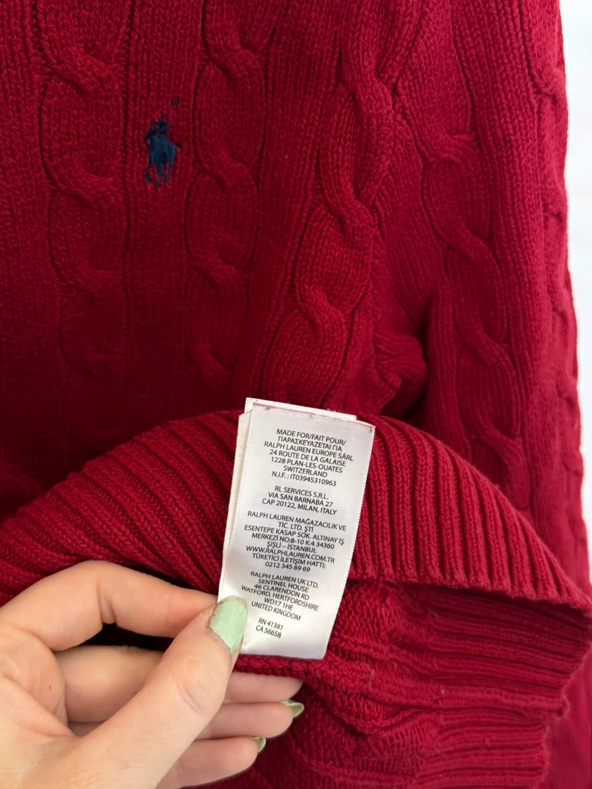 Pull torsadé Polo Ralph Lauren rouge coton logo pony bleu qr code taille XS - FP260755 - Photo 8/10