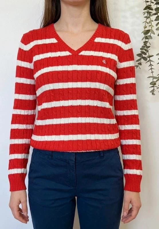 Pull torsadé Lauren Ralph Lauren orange corail blanc col V taille L - FP260751 - Photo 1/8