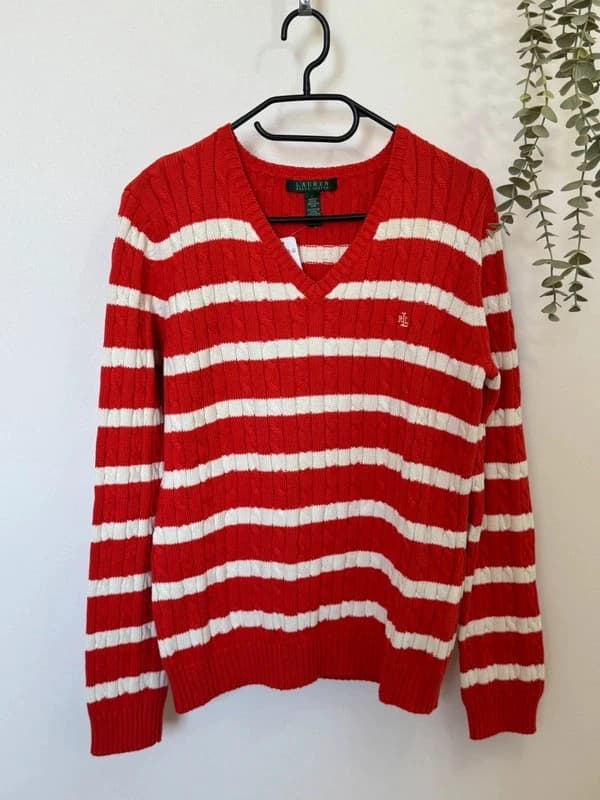 Pull torsadé Lauren Ralph Lauren orange corail blanc col V taille L - FP260751 - Photo 2/8