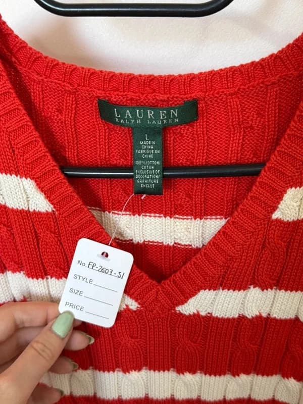Pull torsadé Lauren Ralph Lauren orange corail blanc col V taille L - FP260751 - Photo 3/8