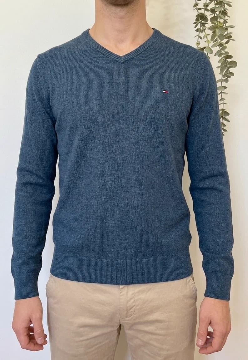 V formos apykaklės megztinis Tommy Hilfiger Premium Cotton mėlynas, dydis S - FP260769 – nuotrauka 1/9