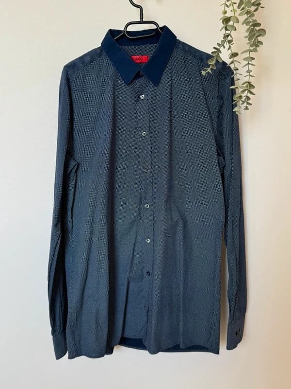 Marškiniai HUGO Slim Fit tamsiai mėlyni, smulkus baltas raštas, dydis XL - SK260654 – nuotrauka 2/11