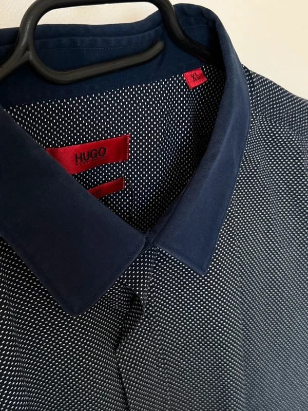 Marškiniai HUGO Slim Fit tamsiai mėlyni, smulkus baltas raštas, dydis XL - SK260654 – nuotrauka 4/11