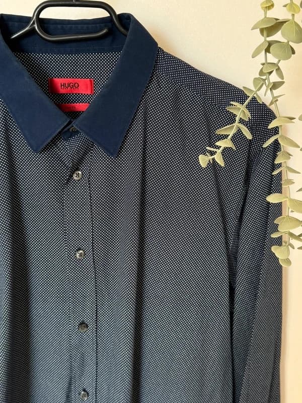 Marškiniai HUGO Slim Fit tamsiai mėlyni, smulkus baltas raštas, dydis XL - SK260654 – nuotrauka 9/11