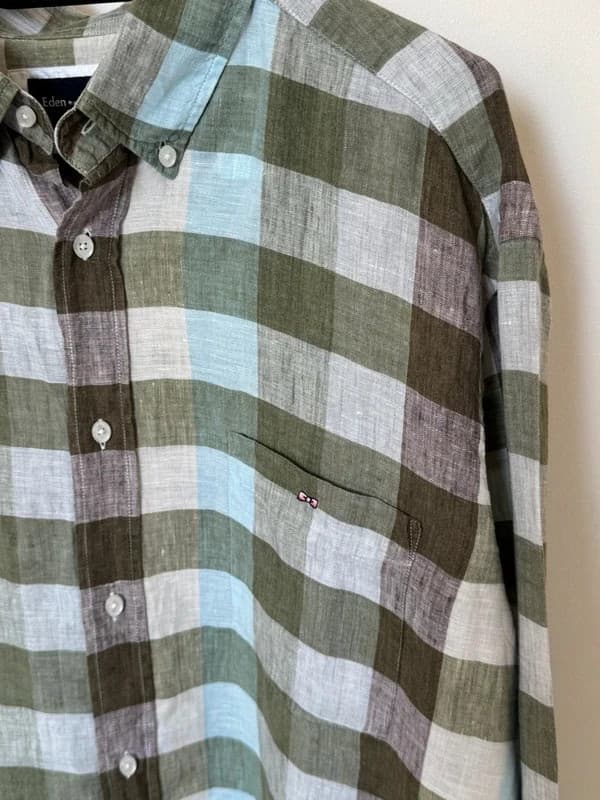 Kemeja regular Eden Park 100 % linen berkotak khaki biru saiz XL - SC260597 - Foto 5/11