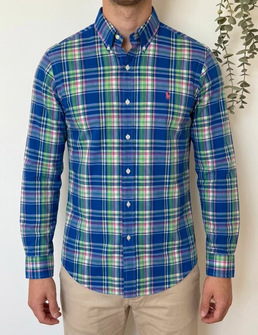 Marškiniai Polo Ralph Lauren languoti daugiaspalviai mėlyni žali rožiniai, rožinis Pony logotipas, dydis S - SK260670 – nuotrauka 1/9