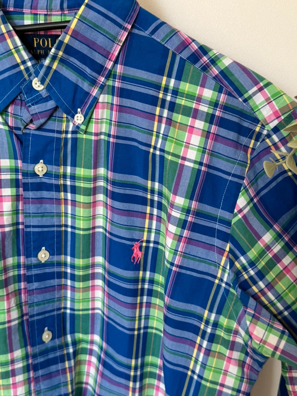 Marškiniai Polo Ralph Lauren languoti daugiaspalviai mėlyni žali rožiniai, rožinis Pony logotipas, dydis S - SK260670 – nuotrauka 4/9