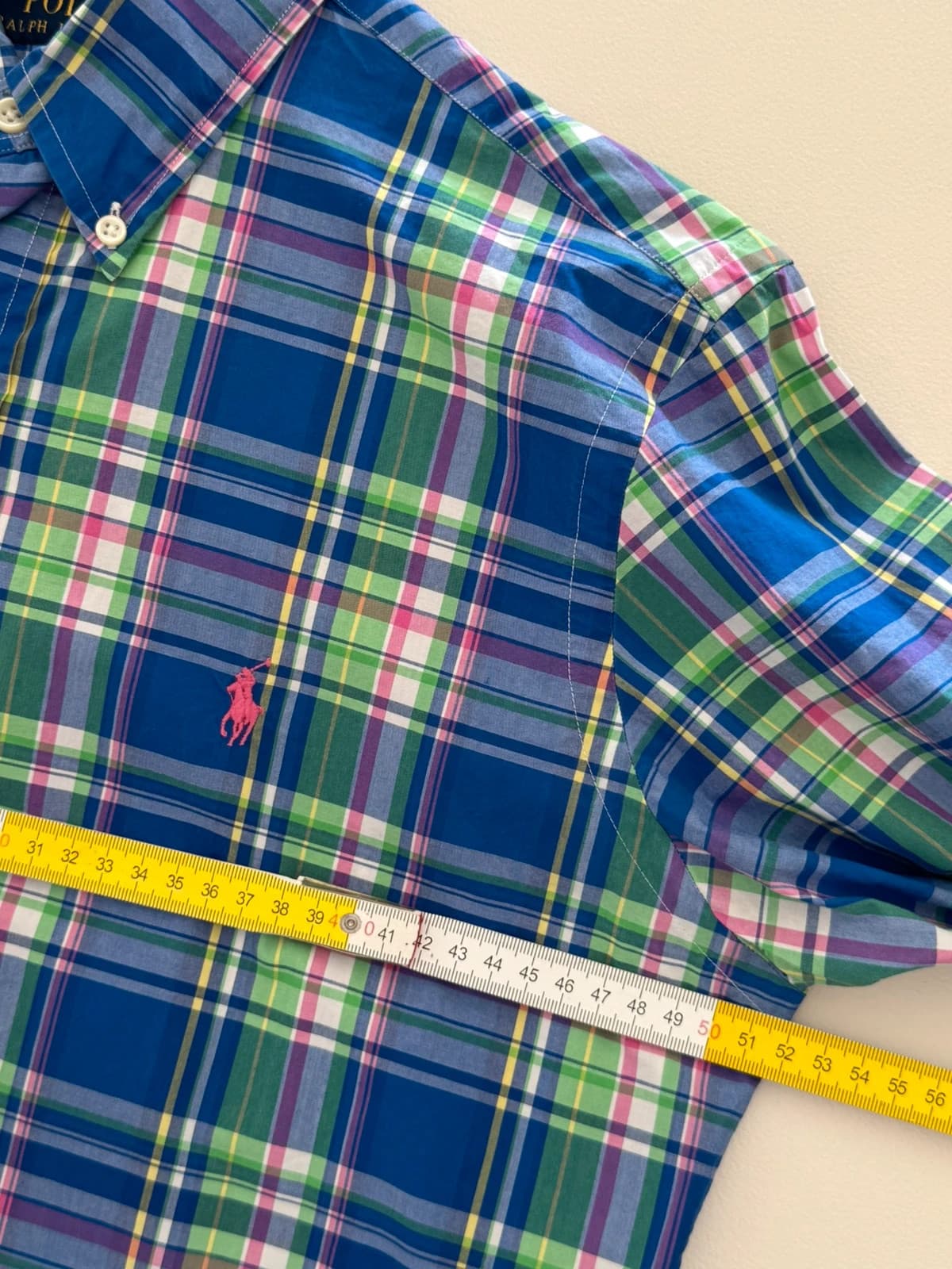 Marškiniai Polo Ralph Lauren languoti daugiaspalviai mėlyni žali rožiniai, rožinis Pony logotipas, dydis S - SK260670 – nuotrauka 8/9