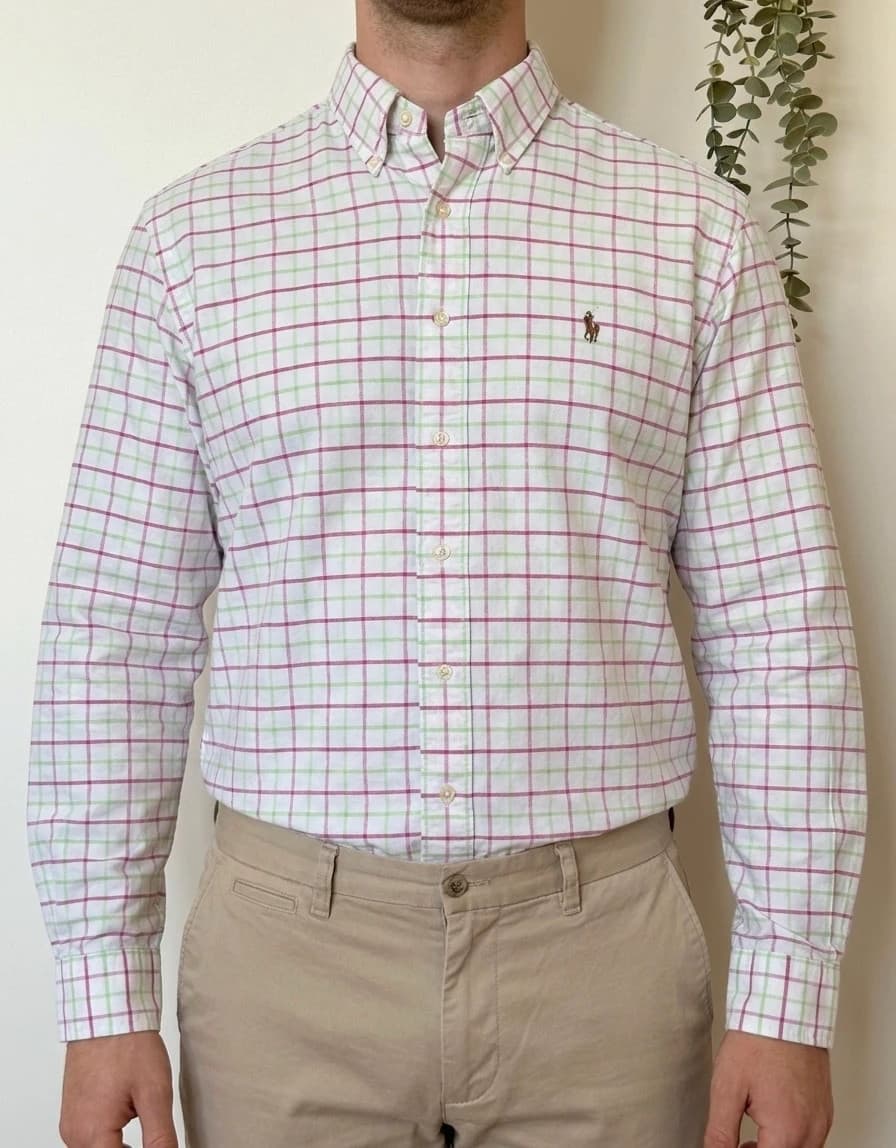 Ralph Lauren Classic Fit balti marškiniai su rožinės ir žalios spalvos langeliais, premium logotipu, dydis XL - SK26069 – nuotrauka 1/8