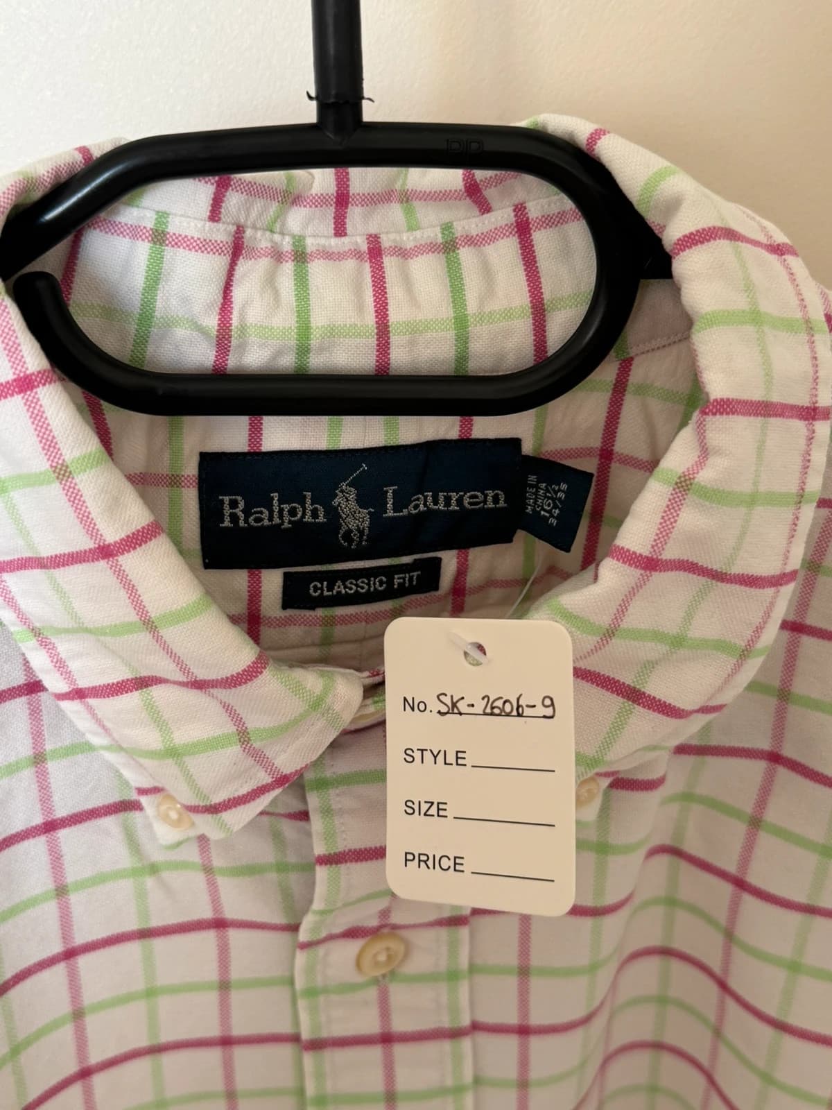 Ralph Lauren Classic Fit balti marškiniai su rožinės ir žalios spalvos langeliais, premium logotipu, dydis XL - SK26069 – nuotrauka 3/8