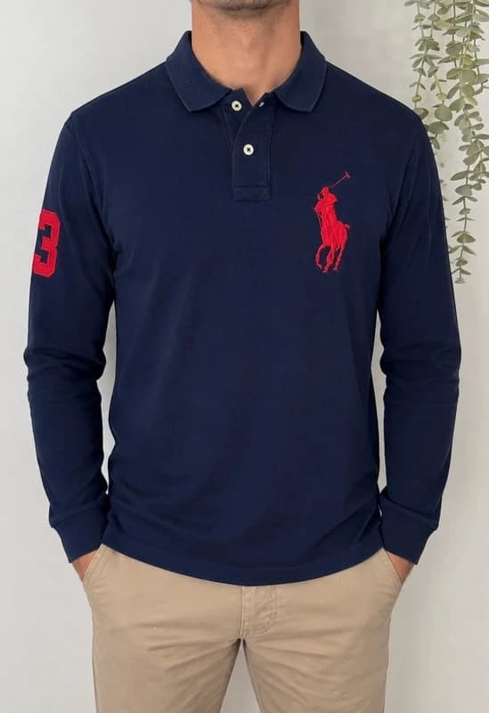 Piké polo marškinėliai ilgomis rankovėmis Big Pony custom fit Ralph Lauren tamsiai mėlyni su raudonais akcentais, dydis M - FP260922 – nuotrauka 1/9