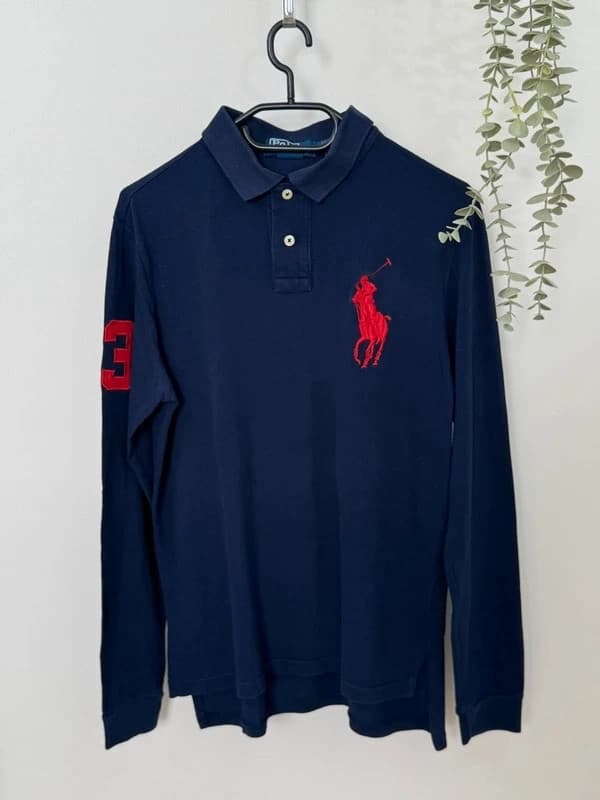 Piké polo marškinėliai ilgomis rankovėmis Big Pony custom fit Ralph Lauren tamsiai mėlyni su raudonais akcentais, dydis M - FP260922 – nuotrauka 2/9