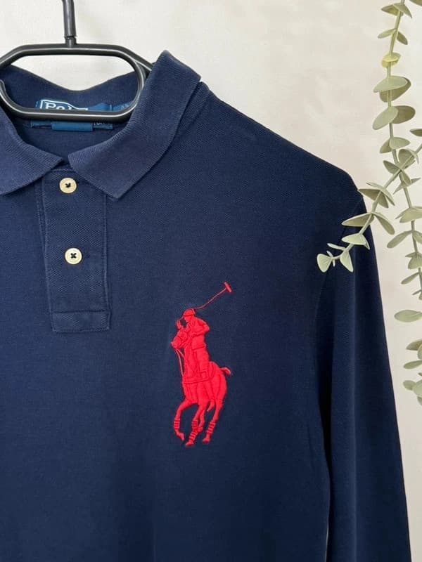 Piké polo marškinėliai ilgomis rankovėmis Big Pony custom fit Ralph Lauren tamsiai mėlyni su raudonais akcentais, dydis M - FP260922 – nuotrauka 4/9
