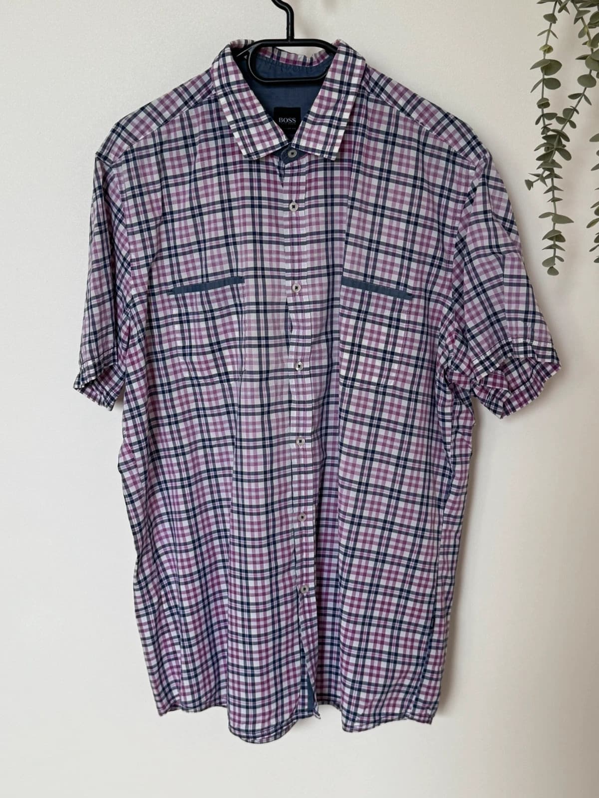 Chemise manches courtes regular fit BOSS carreaux rose violet bleu taille L - DN26095 - Photo 2/11