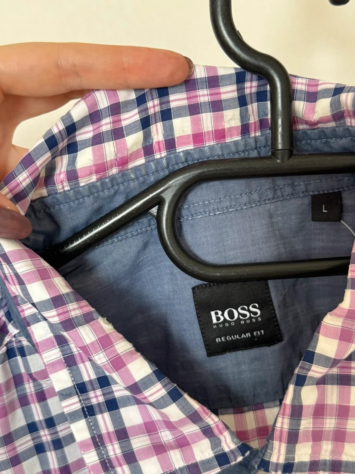 Chemise manches courtes regular fit BOSS carreaux rose violet bleu taille L - DN26095 - Photo 9/11