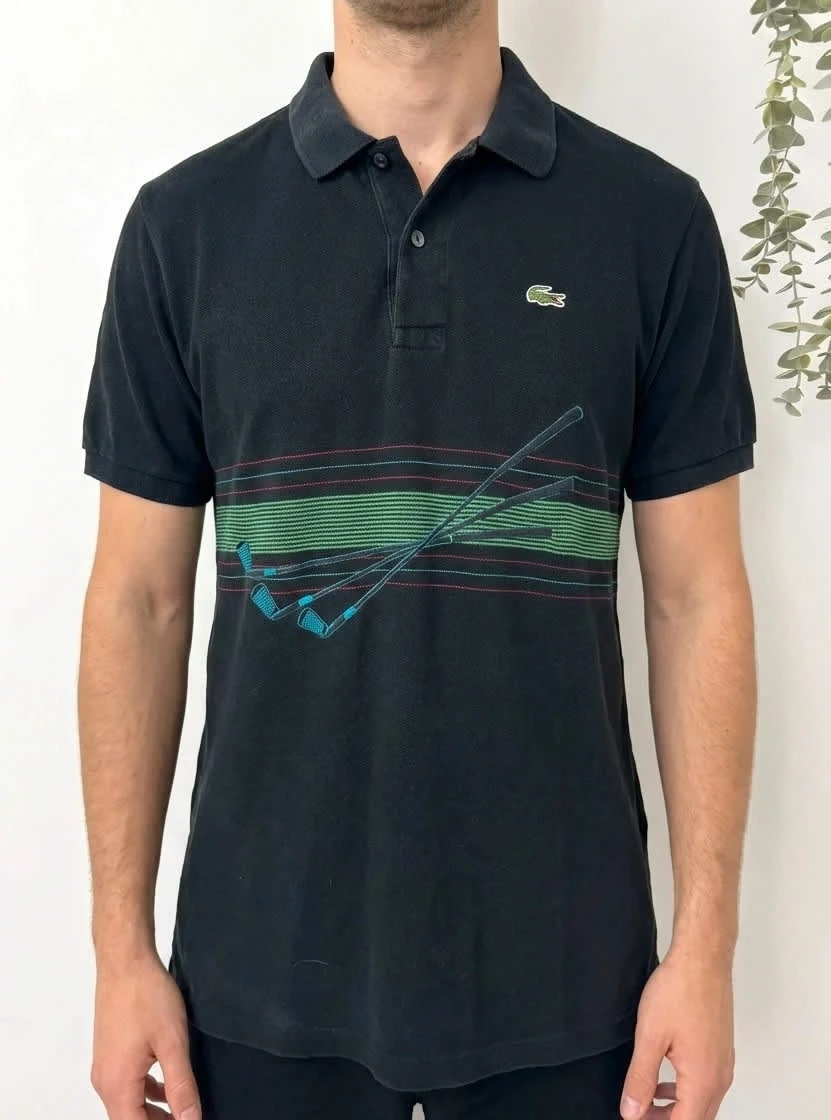 بولو قطن Lacoste أسود بنقشة جولف مقاس 5/S صنع في فرنسا - FP251265