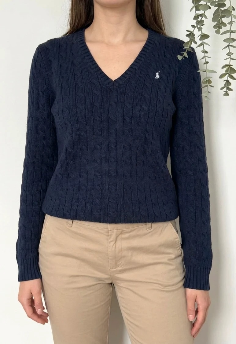 Pull col V torsadé Ralph Lauren Sport bleu marine taille XL