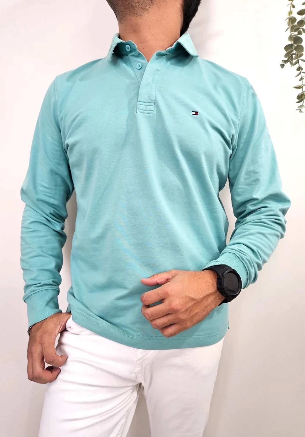 โปโลรักบี้แขนยาว Tommy Hilfiger สีเทอร์ควอยซ์ the 1985 shirt ไซซ์ XL - FP251246
