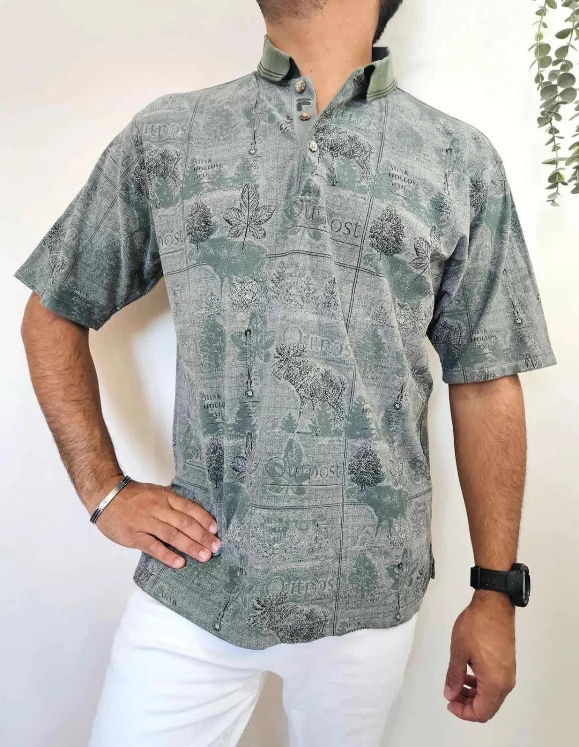 Polo vintage Fila Golf imprimé forêt vert 100% coton taille XL