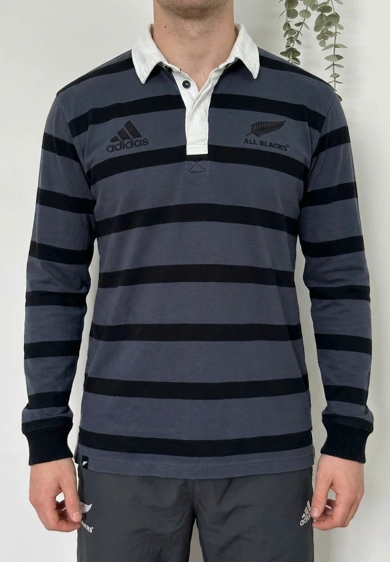 Polo rugby manches longues Adidas gris rayé All Blacks taille M - SC260419