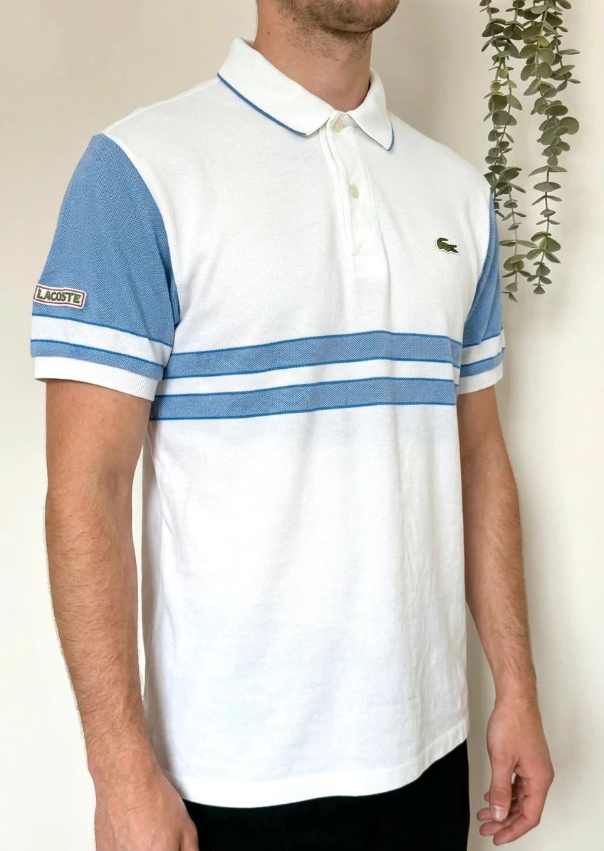 Polo piqué vintage Camicia Lacoste bianca e blu a righe taglia 4/M - FP260266