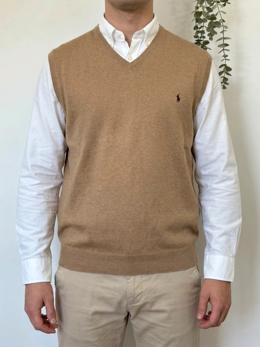 Pull col V coton sans manches Ralph Lauren camel taille 3XL - PP2603381