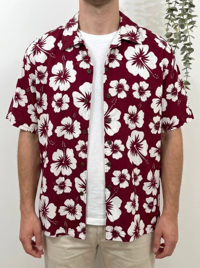 Chemise hawaïenne vintage UNO manches courtes bordeaux fleurs hibiscus taille XL - DN26081