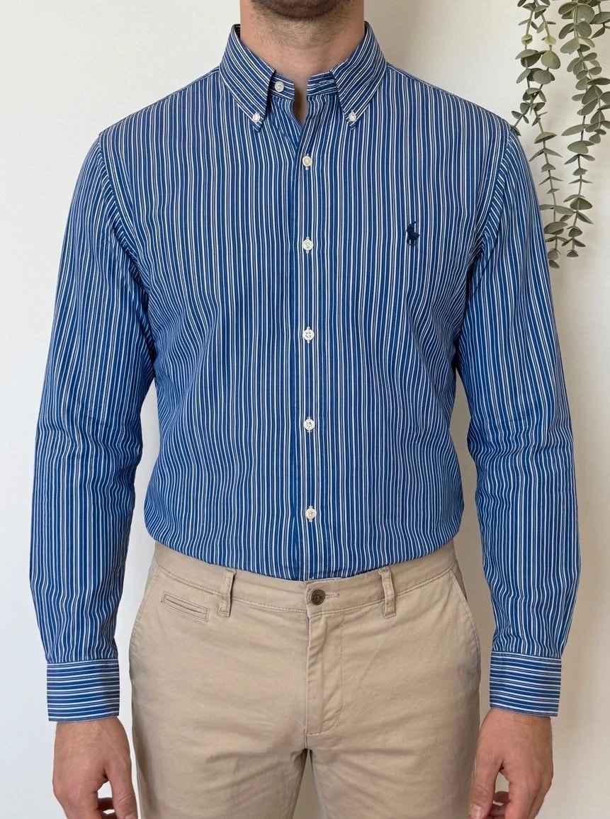 Chemise Custom Fit Ralph Lauren rayée bleu blanc taille L - SK260625