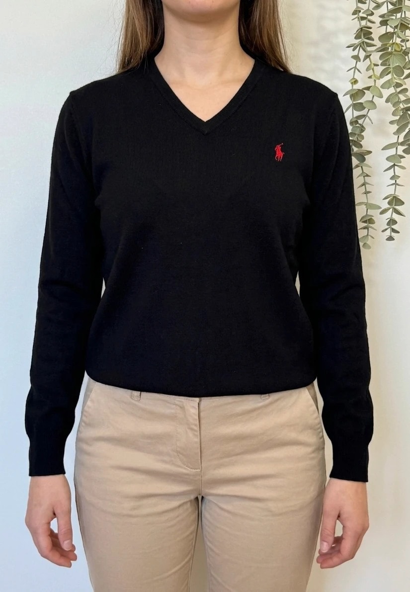 Pull col V Polo Ralph Lauren noir laine mérinos logo rouge taille M/L - FP260758