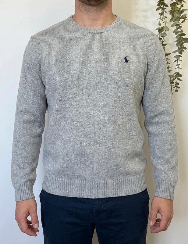 Pull Polo Ralph Lauren gris chiné col rond coton logo pony bleu taille S - FP260762