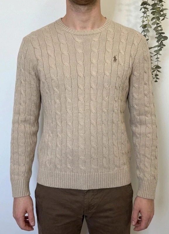 Pull torsadé Polo Ralph Lauren beige camel coton taille L - FP260752