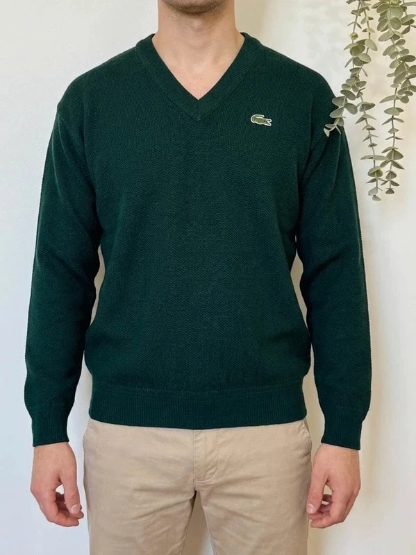 Pull vintage Lacoste col V vert sapin laine taille 4/M - FP260763
