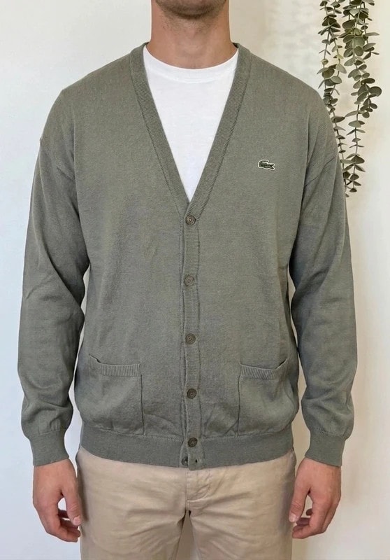 Cardigan vintage Lacoste kaki gris pure laine vierge taille 8/3XL - FP260761