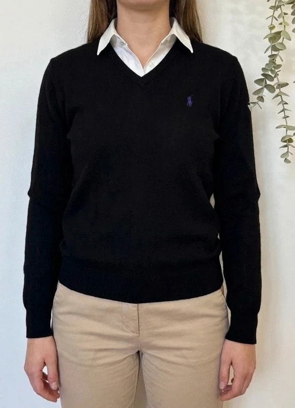 Pull col V Polo Ralph Lauren noir laine mérinos logo violet taille M - FP260766