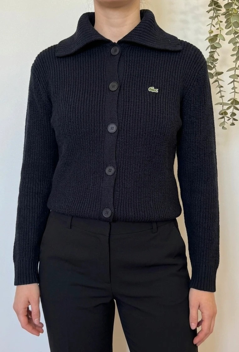 Gilet cardigan Lacoste vintage bleu marine laine col cheminée taille 42/L - FP260764