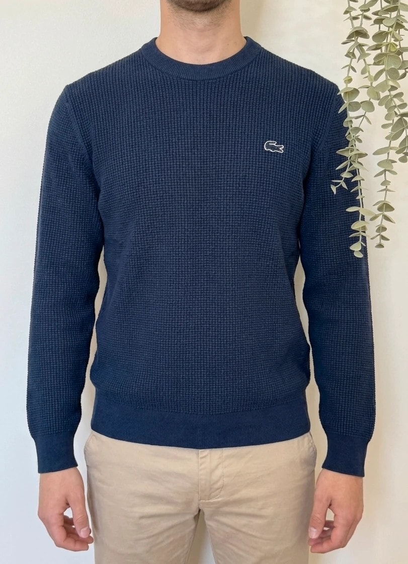 Pull maille gaufrée col rond Lacoste bleu logo ton sur ton taille 3/S - FP260781