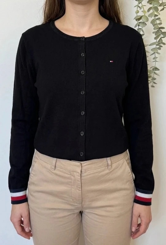 Gilet femme boutonné Tommy Hilfiger noir liserés tricolores taille XL - FP260776
