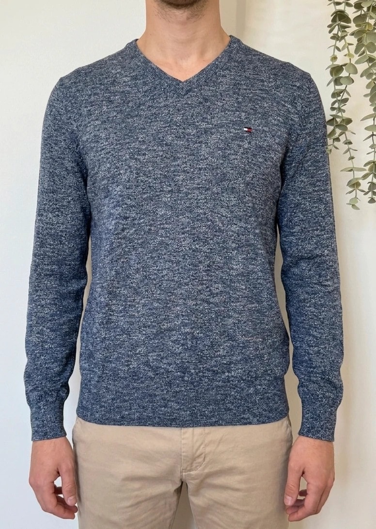 Pull col V Tommy Hilfiger coton bleu marine chiné taille L - FP260774