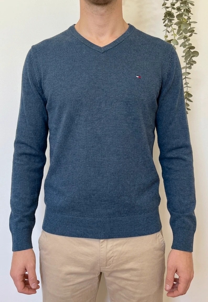 Pull col V Tommy Hilfiger Premium Cotton bleu taille S - FP260769