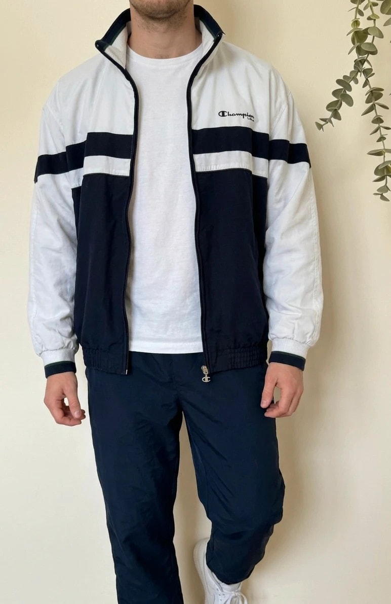 Veste coupe vent vintage Champion U.S.A. blanc bleu marine taille M