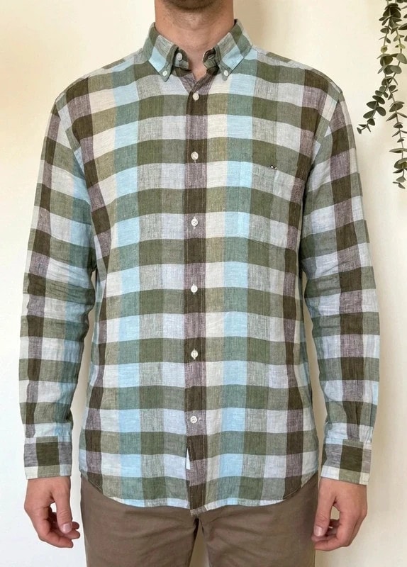 Chemise regular Eden Park 100 % lin à carreaux kaki bleu taille XL - SC260597