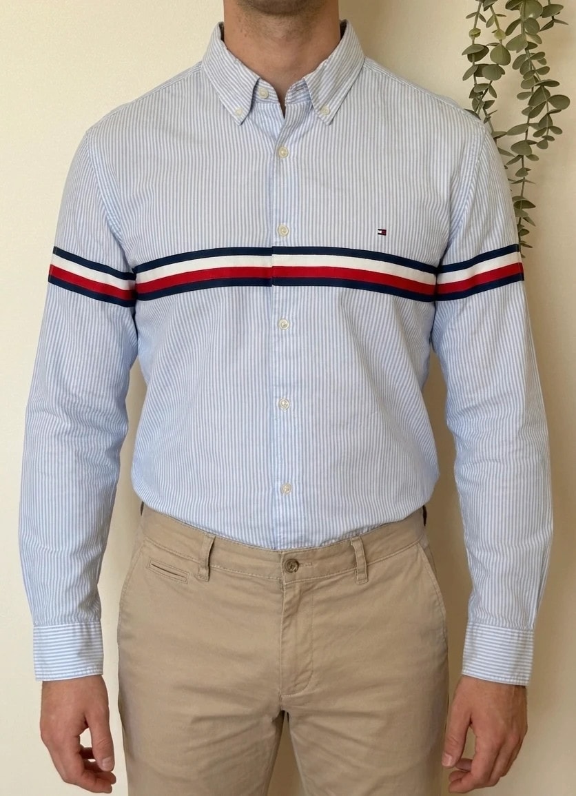Chemise slim fit Tommy Hilfiger rayée bleu blanc bande tricolore taille XL - SK260615